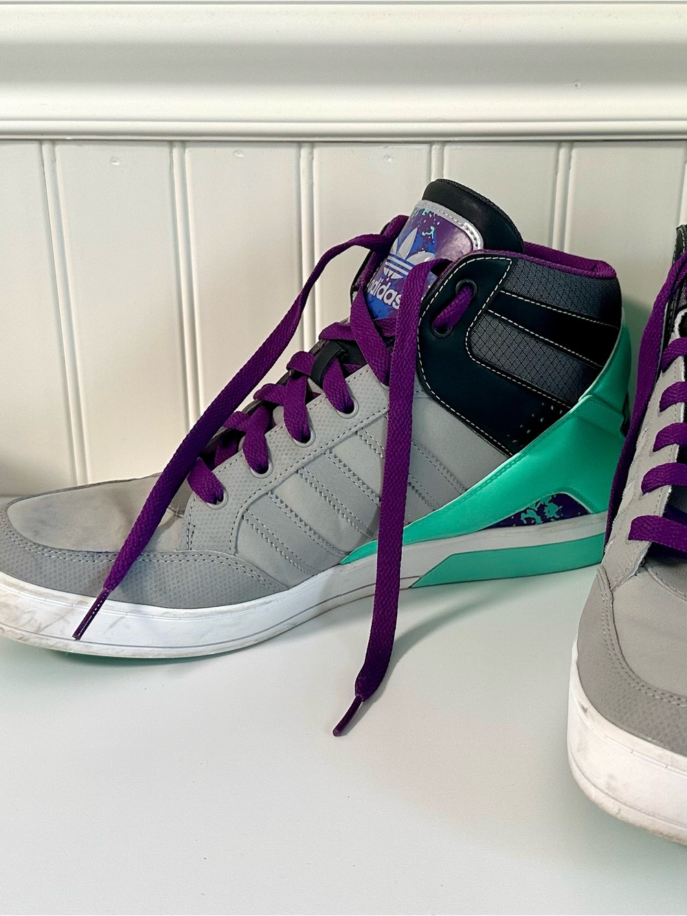 Men’s 10.5 - Adidas EVH 791004  High-Top Sneakers in Gray, Purple & Teal